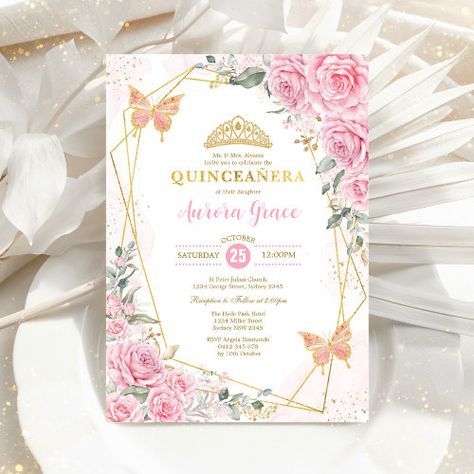 $3.08 | Pink Roses Butterfly Quincea�era Gold Geometric In | Quinceanera Invitations | 15th birthday party, gold crown tiara, quinceañera, mis quince anos, modern geometric frame, sweet 16 sixteen, elegant royal princess, butterflies sparkle confetti, pink blush watercolor flowers, pretty garden floral Roses Butterfly, Geometric Invitations, Quinceanera Pink, Quinceañera Invitation, Butterfly Invitations, Fluttering Butterflies, Rose Gold Butterfly, Pink Watercolor Flower, Floral Rosa