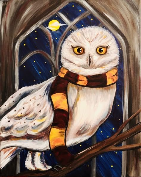 Hedwig Painting Easy, Harry Potter Themed Paintings On Canvas, Small Harry Potter Painting, Canvas Painting Ideas Harry Potter, Harry Potter Oil Painting, Harry Potter Acrylic Painting Easy, Harry Potter Art Painting Canvases, Harry Potter Painting Ideas On Canvas, Harry Potter Painting Ideas Easy