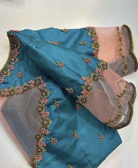 Small Work Blouse Designs, Silk Blouse With Net Design, Aari Blouse With Net, Netted Maggam Work Blouse Designs, Aari Work Blouse Net Design, Net Blouse Aari Work, Blue Aari Work Blouse Design, Clip Stone Aari Work Blouse, Net Blouse Aari Work Designs