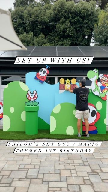 BALLOONS & RENTALS | Event Designer on Instagram: "Watch us set up Super Shiloh’s Shy Guy / Mario themed 1st birthday party backdrop ✨ Shiloh’s favorite character is Shy Guy so we focused the design on him by adding “more of him” which worked out perfectly. I’m not going to lie, I don’t play video games and in the years I did, Shy Guy did not exist LOL.. so after researching, Shy Guys are multiple minion like characters. Having more than one was spot on! Wow, videos cannot do justice for this Shy Guy Birthday Party, Super Mario Theme Birthday Party, Mario Backdrop Birthday Party Ideas, Super Mario Bros Backdrop, Super Mario Birthday Backdrop, Super Mario Party Backdrop, Mario Theme Birthday Party, Mario Party Backdrop, Shy Guy Mario