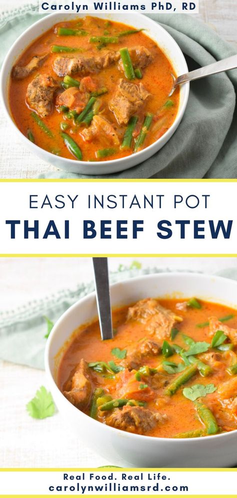 orange-colored soup with beef chunks, green beans, and garnished with cilantro Thai Beef Stew, Thai Beef Curry, Low Carb Curry, Curry Base, Instant Pot Thai, Amanda Nighbert, Instant Pot Stew, Beef Curry Recipe, Beef Recipe Instant Pot