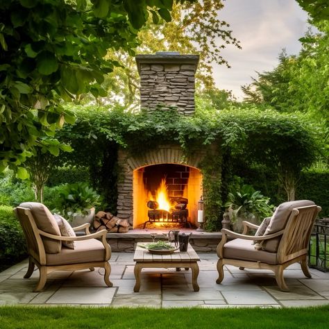 Outdoor Lounge Area With Fireplace, Outdoor Fireplace Seating Area, Outdoor Fireplace Seating Ideas, Outdoor Fireplace Plans, Garden Fireplace, Fireplace Outdoor, French Patio, Outdoor Fireplace Designs, Fire Pit Landscaping