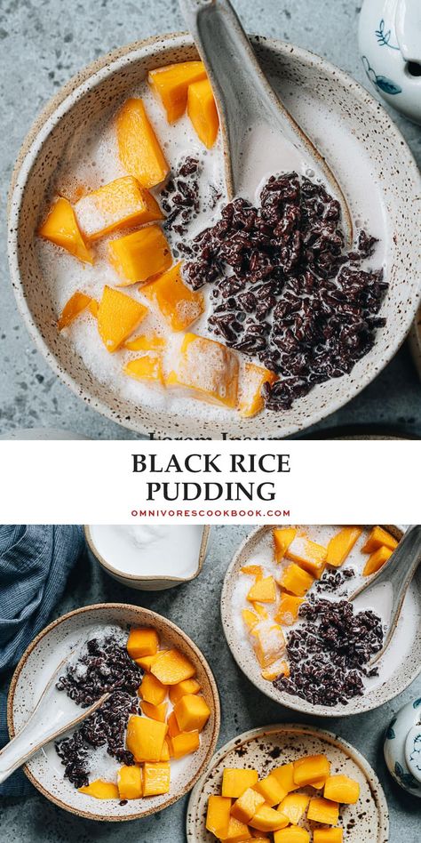 Black rice pudding is a healthy dessert made from ingredients you wouldn’t expect! Gooey rice soaked in sweetened coconut milk and paired with fresh summer fruit is a tantalizing treat that will refresh you on the hottest days! {Gluten-Free, Vegan} Rice Pudding With Coconut Milk, Black Rice Recipe, Vegan Rice Pudding, Black Rice Pudding, Coconut Rice Pudding, Rice Desserts, Coconut Slice, Black Rice, Dessert Shop