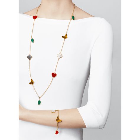 Lucky Alhambra long necklace, 12 motifs - VCARD80100- Van Cleef & Arpels Red Necklace Outfit, Long Necklace Outfit, Alhambra Bracelet, Van Cleef And Arpels Jewelry, Rose Gold Pendant Necklace, Necklace Outfit, Four Leaf Clover Necklace, Gold Necklace Simple, Van Cleef And Arpels