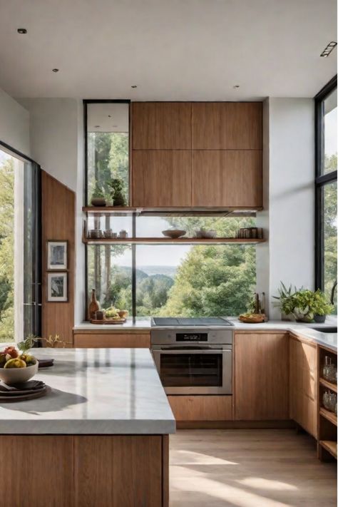 Small kitchen with large windows and natural light High Level Windows Kitchen, Full Window Kitchen, Tall Kitchen Window, Pnw Kitchen, Single Wall Kitchen, Kitchen Oak, Compact Kitchens, Pass Through Window, House Renos