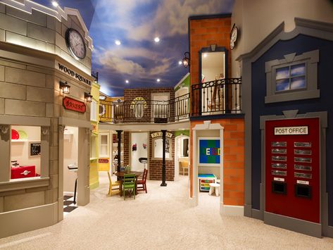 Small town in a basement in Utah. Good idea for my basement village when I get a big basement. Indoor Playhouse, Basement Playroom, Build A Playhouse, Playroom Design, Décor Boho, Custom Home Designs, Parade Of Homes, Indoor Playground, Toy Rooms