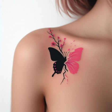 Pink Butterflies Tattoo, Black And Pink Tattoo, Tattoo Designs Color, Small Simple Tattoo Ideas, Tatuaje Hello Kitty, Simple Tattoo Ideas, Hand Tattoo Ideas, Butterfly Tattoos For Women, Tattoos For Women Flowers