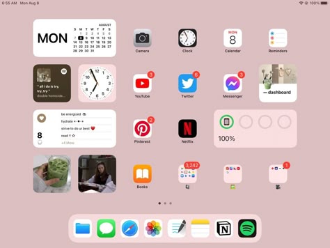 Ipad Homescreen Ideas College, Decorate Ipad Homescreen, Ipad Homescreen Organization Ideas, Widget Ideas For Ipad, Ipad Aesthetic Organization Homescreen, Ipad Set Up Ideas Homescreen, Ipad Homescreens, Ipad Inspo Homescreen, Ipad Aesthetic Organization