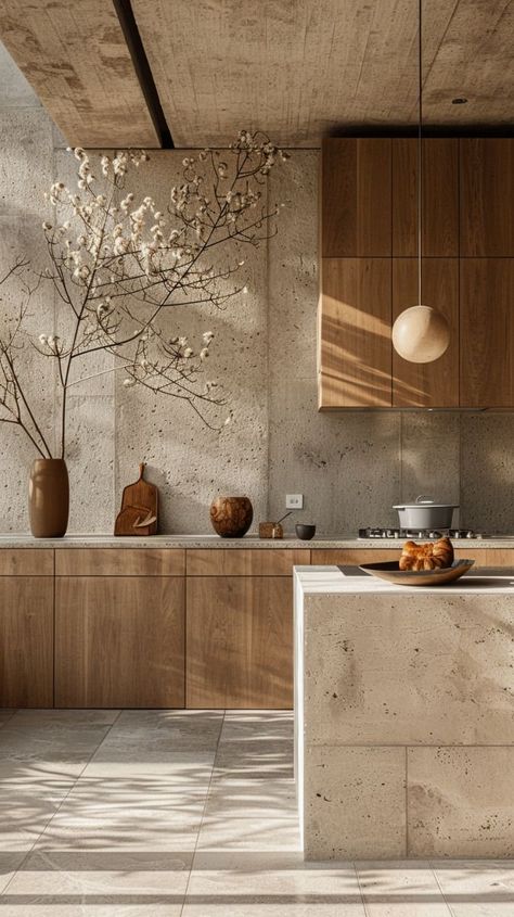 Japandi Kitchen, Organic Kitchen, Concrete Kitchen, Japandi Interior, Kitchen Room Design, Kitchen Inspiration Design, Concrete Countertops, Minimalist Kitchen, Wood Kitchen