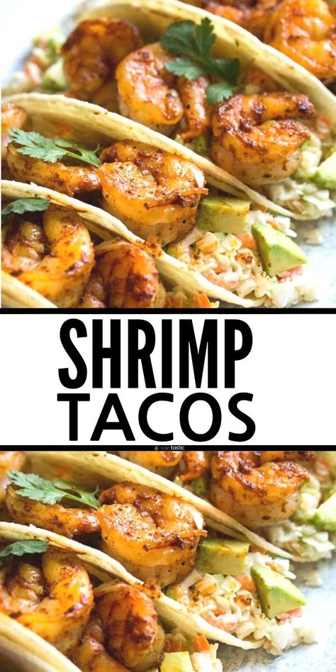 Shrimp Tacos, very easy recipe served with cabbage slaw and homemade seasoning. You can grill the shrimp or cook it in a skillet. healthy recipe, gluten free, clean eating, pescatarian, dairy free, nut free. www.noshtastic.com Clean Eating Pescatarian, Dairy Free Shrimp Recipes, Gluten Free Shrimp Recipes, Homemade Blackened Seasoning, Pescatarian Meal Plan, Gluten Free Clean Eating, Pescatarian Recipes Healthy, Pescetarian Diet, Pescatarian Meals