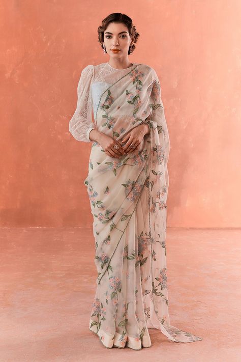 Shop for SUMMER BY PRIYANKA GUPTA Ivory Hydrengea Floral Embroidered Saree With Blouse for Women Online at Aza Fashions Summer By Priyanka Gupta, Ivory Saree, Floral Blouse Designs, Cutdana Embroidery, Saree Organza, Floral Sarees, Sari Design, Saree Floral, Lace Saree