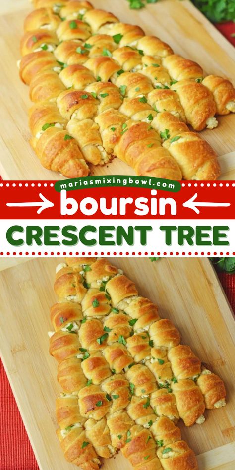 Everyone will love this boursin crescent tree recipe! It's perfect for your Christmas dinner party. Made with crescent rolls and Boursin cheese that are served up as a Christmas tree, this holiday appetizer idea is as beautiful as it is delicious! Garlic Butter Christmas Tree Mozzarella Stuffed Rolls, Boursin Christmas Appetizer, Boursin Christmas Tree Appetizer, Appetizers With Croissants, Appetizers For Party Crescent Rolls, Croissant Appetizers Finger Foods, Crescent Tree Appetizer, Christmas Tree Croissant Appetizer, Boursin Puff Pastry Recipes