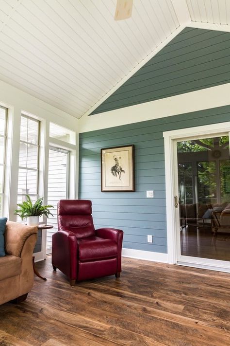 siding inside porch different than other part of house Siding Inside House, Inside Porch Ideas, Three Season Porch Ideas, Four Season Porch, Coastal Sunroom, 3 Season Porch Ideas, Cabin Update, All Season Porch, Porch Enclosure