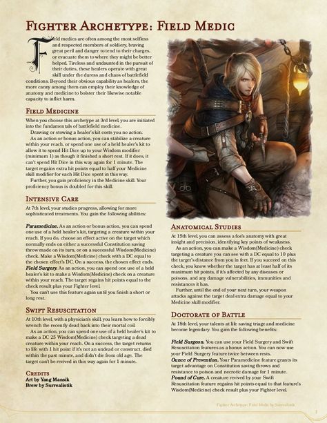 Fighter Archetype 5e, Fighter Archetype, Dnd Subclasses, Homebrew Classes, Field Medic, Dnd Homebrew, D D Classes, Dnd Stories, Dnd Races