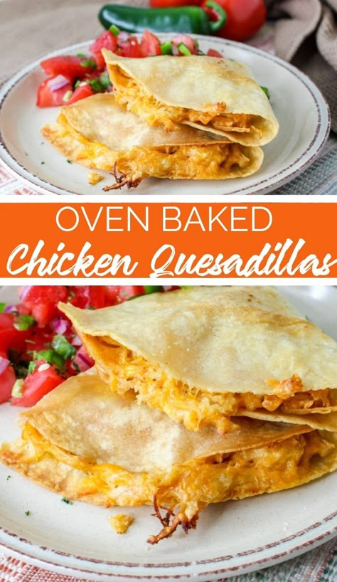 This Baked Chicken Quesadillas are made with yummy flour tortillas, brushed with melted butter, and loaded with a mixture of chicken, cheese, and sour cream! Oven Chicken Quesadillas, Chicken Quesadilla Casserole Recipes, Chicken Quesadillas Oven Baked, Baked Chicken Tortillas, Chicken And Flour Tortilla Recipes, Baked Quesadilla Oven, Chicken Quesadilla Recipe Easy, Baked Chicken Quesadilla, Cheesey Chicken