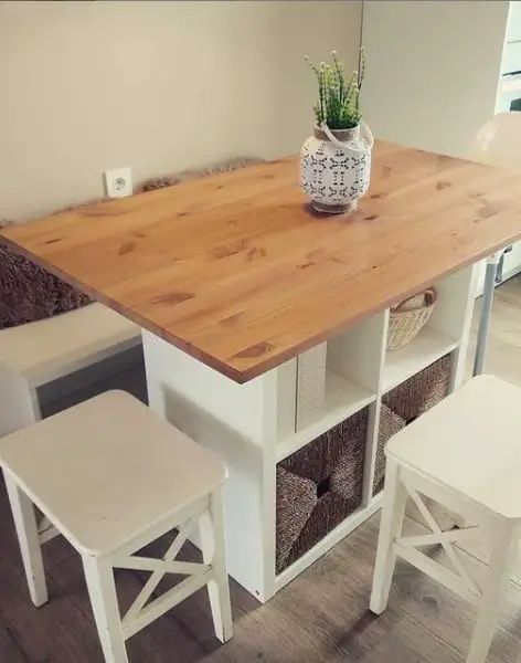 Diy Tiny Kitchen Ideas, Ikea Kallax Dining Table, Kallax Kitchen Table, Kitchen Table In Small Space, Ikea Kitchen Island Hack With Seating, Ikea Kallax Kitchen Island Hack, Small Kitchen Table With Storage, Kallax Dining Table, Diy Kitchen Table With Storage