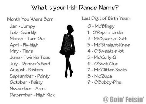 Your Irish dance name Dance Names Ideas, Irish Dancing Aesthetic, Irish Dance Aesthetic, Irish Dance Exercises, Dance Team Quotes, Irish Dance Humor, Funny Dance Quotes, Irish Dance Quotes, Dance Acro