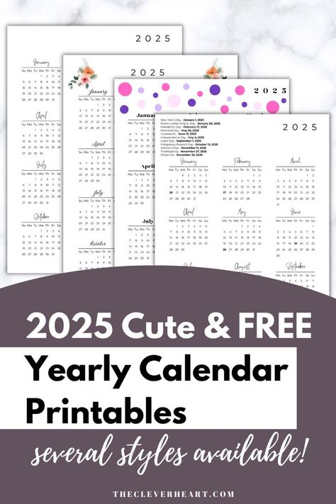 2025 yearly calendar printable 2025 Free Printable Calendar, Free Printable 2025 Calendar, Free Printable Calendars, Monthly Printable, Printable Calendars, Cute Styles, Diy Calendar, Mini Calendars, Printables Freebies