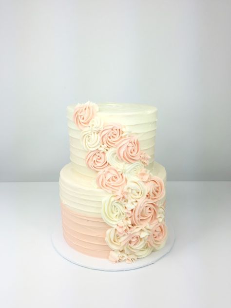 50th Birthday Cake Buttercream, Wedding Cake Buttercream Designs, Two Tier Ombre Cake, White And Peach Wedding Cake, Two Tier Rosette Cake, Ombre Tiered Cake, 2 Tier Pink Cake, Wedding Cake With Rosettes, Two Tier Cake Designs