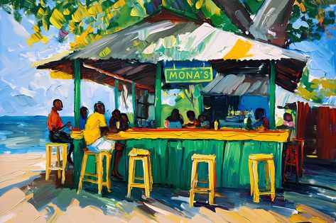 Jamaica Print of Beach Bar Art Caribbean Wall Decor Art Mona's Beach Bar Caribbean Wall Art, West Indies Art, 3d Beach Art, Jamaica Art, Triangle Park, Jamaican Art, Key West Beaches, Beach Shacks, Print Techniques