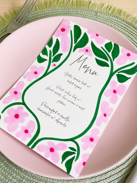 Pink, green and red hand drawn menu. Perfect for your Spring tablescape styling. Check out my Spring Hosting board on Pinterest for more illustration inspo. Flower Menu Design, Spring Menu Design, Spring Menu Ideas, Spring Hosting, Dinner Menu Wedding, Summer Wedding Menu, Menu Illustration, Spring Menu, Menu Wedding