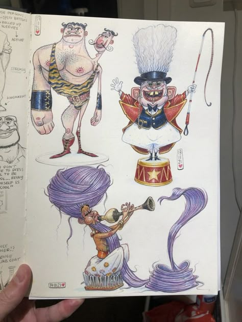 ArtStation - Welcome to the Circus, Jeremy Hoffman Welcome To The Circus, Circus Illustration, Sketchbook Challenge, Circus Characters, Concept Sketches, Circus Art, Artist Sketchbook, Book Illustration Art, Cartoon Sketches