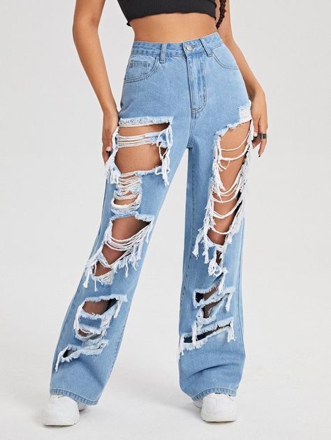 Big Ripped Jeans, Ripped Wide Leg Jeans, Girls Ripped Jeans, Ripped Pants, Korean Girl Fashion, Cute Jeans, Pantalon Large, Tomboy Fashion, Casual Winter Outfits