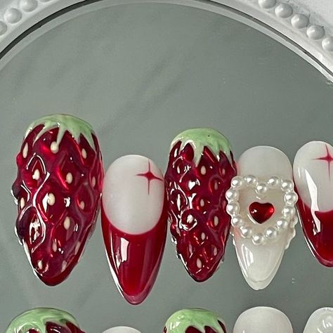 Press On Nails Australia | Custom Made To Order on Instagram: "Strawberry hour set 🍓 😋 Nom nom get in my belly the most specious set ever!! Available to custom order on our website ~ Tutorial inspo from @juliettesprettysets  on tik tok 🙌🏻   • • •  #presson #pressonnails #naildesign #nailart #nailinspo #nailinspiration #nailtech #pressonnailbusiness #pressonsets #nailartist #nailsaustralia #stickonnails  #customnails #custompressonnails #miffynails #y2k #prettynails #cutenails #kessiistudio #customnails #custompresson #naildesigns #strawberrynails #cutestrawberrynails #coquettenails #bownails#3Djellygel #australiapressons #australianails #customdesignnails" Diy Cute Nails, Nail Inspo Strawberry, Strawberry Inspo Nails, Nail Ideas Strawberry, 3d Strawberry Nails, Nail Sets Ideas, Handmade Press On Nails, Gel X Nails Long, Uñas Press On