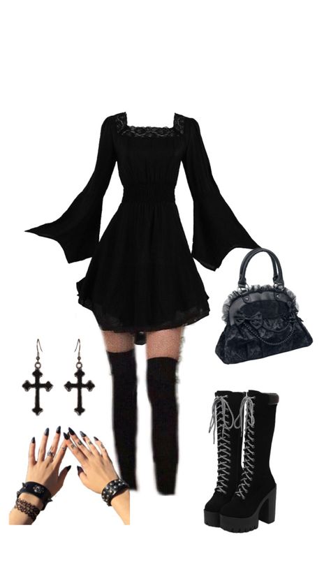 Shein Goth Outfits, Simple Gothic Outfits, Ahs Coven Outfits, Goth Birthday Outfit, Coven Outfit, Basic Goth Outfit, Goth Capsule Wardrobe, Simple Goth Outfits, Simple Goth Outfit