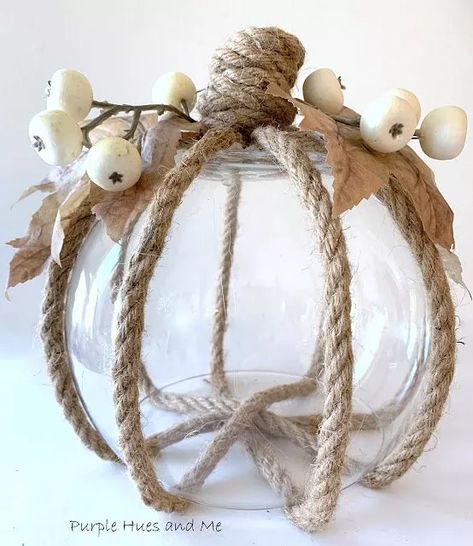 DIY Rope Ribbed Glass Pumpkin | Hometalk Fall Pillows Diy, Decorating With Pumpkins, Glass Fish Bowl, Decorative Pumpkins, Fall Pumpkin Crafts, Fall Decor Diy Crafts, Fall Decor Dollar Tree, Dollar Tree Fall, Fall Deco