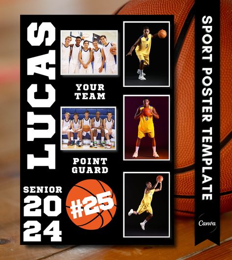 "Celebrate the achievements of your senior basketball player with the dynamic Basketball Senior Poster Canva template. Tailor it to perfection with personalized details such as five photos, player's name, jersey number, position and team or school name. With four available sizes and the option to match colors to your team's theme, this template provides versatility and ease of customization. Don't miss out - edit with Canva now and make something truly special! ○ SPECIFICATIONS Template 1 (2:3 Ratio) for printing: 4x6\" | 8x12\" | 12x18\" | 16x24\" | 20x30\" | 24x36\" Template 2 (3:4 Ratio) for printing: 6x8\" | 9x12\" | 12x16\" | 15x20\" | 18x24\" Template 3 (4:5 Ratio) for printing: 4x5\" | 8x10\" | 12x15\" | 16x20\" | 24x30\" Template 4 (11:14 Ratio) for printing: 11x14\" ○ HOW TO 1. Ta Senior Basketball Posters, Senior Night Poster Ideas Basketball, High School Basketball Posters, Senior Night Poster, Senior Poster, Basketball Banners, Basketball Senior Night, Senior Posters, Senior Night Posters