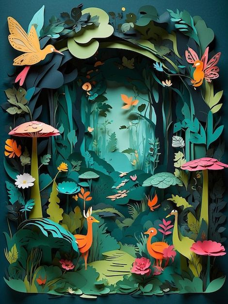 Enchanting Mystical Forest Collage Fairies Animals and Magical Creatures in Vector Paper Art Mystical Forest Illustration, 2d Paper Art, Paper Layering Art, Forest Graphic Design, Mystical Forest Art, Tree House Illustration, Forest Mystic, Forest Collage, Magical Illustration