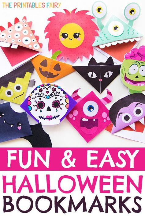 Fun & easy Halloween bookmarks Monster Bookmark, Diy Halloween Treats, Classroom Halloween Party, Diy Monsters, Monster Craft, Origami Bookmark, Bookmark Craft, Corner Bookmarks, Halloween Activities For Kids