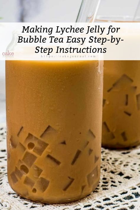 A bubble tea that ha a lychee Jelly on the bottom Coconut Jelly Recipe For Bubble Tea, Coconut Jelly Bubble Tea, Lychee Jelly Bubble Tea, Lychee Jelly Recipe, Boba Jelly, Lychee Recipes, Tea Jelly, Boba Bar, Lychee Jelly