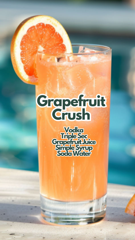 Grapefruit Crush Grapefruit Crush Recipe, Grapefruit Crush, Triple Sec Cocktails, Cocktail Cards, Poolside Cocktails, Grapefruit Vodka, Bartender Drinks Recipes, Simple Syrup Cocktails, Lemonade Punch