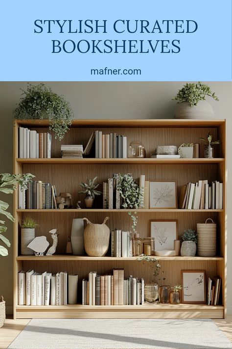 Discover stylish curated bookshelves that enhance home decor. This pin presents fresh ideas to showcase your favorite books beautifully and adds elegance to any room. What To Put On Bookshelves, Color Coordinated Bookshelf, How To Style Bookshelves, Bookcase Styling With Books, Curated Bookshelves, Modern Bookshelf Styling, Bookshelf Decorating Ideas, Minimal Home Design, Bookshelf Aesthetic