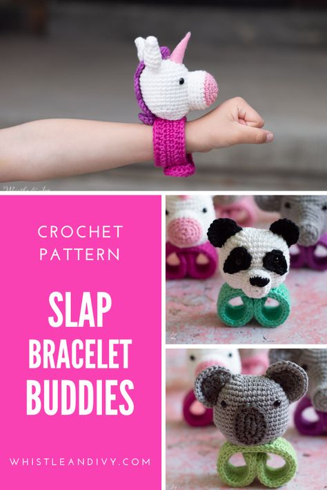 These cute little crochet buddies are made with slap bracelets! Wear on the wrist, on bike handles, on backpacks, or anywhere else they can be slapped. FREE pattern includes the darling unicorn! Download PDF is available and includes Panda, Koala, Elephant and Cat. #crochetanimals #crochetbracelet #crochetforkids #Crochettoys #whistleandivy #crochetamigurumi #funcrochet #cutecrochetideas #crochetgiftsforkids Backpack Buddies Crochet, Crochet Snap Bracelet, Crochet Slap Bracelet Pattern Free, Free Crochet Fidget Pattern, Crochet Slap Bracelet, Crochet Slap Bracelet Pattern, Crochet Fidget Toys Free Pattern, Crochet Buddies, Crochet Novelty