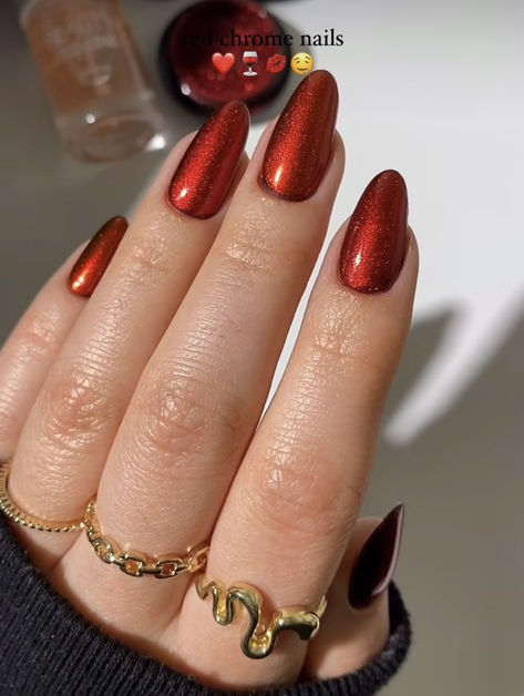 Dark Red Nails Chrome, Ref Chrome Nails, Chrome Red Nail, Metalic Red Nail, Ruby Red Chrome Nails, Chrome Red Nails, Red Chrome Nails, Nye Nails, Dark Red Nails