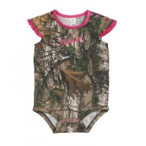 Carhartt Infant Ruffle Sleeve Bodyshirt - Realtree Xtra - Mills Fleet Farm Hunting Onesie, Duck Commander, Blue Bodysuit, Pink Camouflage, Usa States, Little Duck, Infant Girls