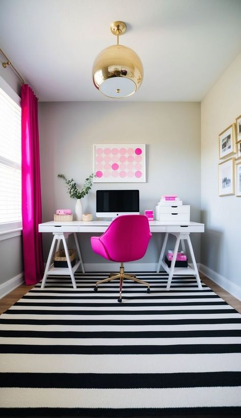 A sophisticated home office idea pairs black walls with feminine desk accessories. Use a combination of modern chic home office furniture and soft touches like textured throws or floral arrangements to achieve a stylish, balanced look. Hot Pink Office Decor, White Home Office Ideas, Enchanted Decor, Black And White Home Office, Modern Chic Home, Pink Office Decor, Feminine Desk, Home Office Setup Ideas, Office Setup Ideas