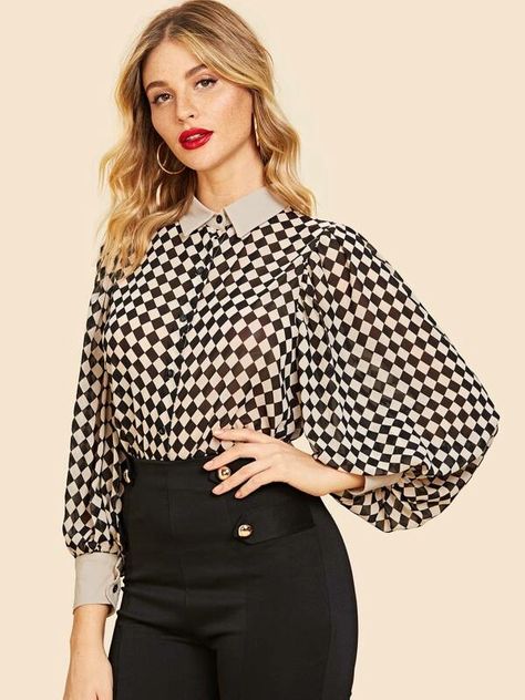 70s Bishop Sleeve Checkerboard Blouse | SHEIN Plaid Blouse, Bishop Sleeve, Spring Shirts, Blouse Online, Trendy Fashion Women, Look Fashion, Blouse Designs, Fashion Clothes Women, Types Of Sleeves