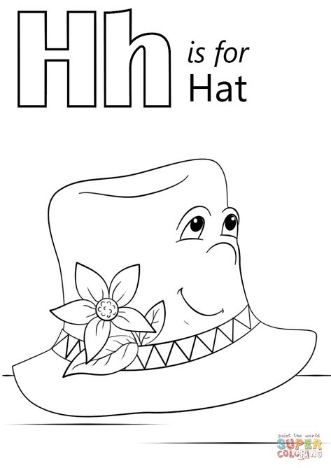 H Is For Hat, Letter H Coloring Page, H Coloring Page, Capital Letters Activities, Hat Coloring Page, Lds Coloring Pages, Craft Printables, Kindergarten Colors, Kindergarten Coloring Pages