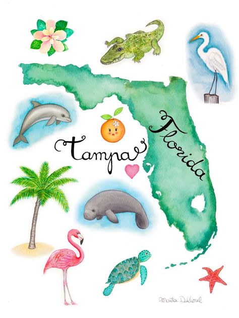 Florida Painting Ideas Easy, Florida Painted Rocks, Tropical Beach Decor, Florida Doodles, Florida Themed Party, Florida Clipart, Florida Themed Tattoos, Florida Illustration, Gala Projects