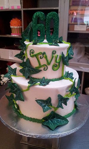 2-tier Wicked Chocolate cake iced in white butter icing decorated with 3D green glittered #60, fondant ivy leaves & piped vines all over Ivy Vine, Butter Icing, Ivy Leaf, Ivy, Chocolate Cake, Vines, Wicked, Girl Birthday, Fondant