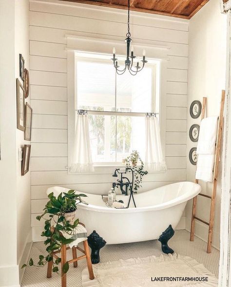 Just Decorate! | S W E E T space🤎 | Facebook Bathroom Design With Clawfoot Tub, Clawfoot Tub Inside Shower Stall, Clawfoot Tub Surround, Farmhouse Clawfoot Tub Bathroom, Claw Bathtub Ideas, Clawfoot Tub Bathroom Farmhouse Style, Black And White Clawfoot Tub, Farmhouse Bathroom With Clawfoot Tub, Small Bathroom With Clawfoot Tub