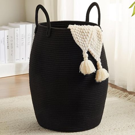 Basket Laundry Storage, Laundry Basket For Bedroom, Laundry Basket Ideas For Bedroom, Toys In Bedroom, Tall Black Basket, Black Hamper, Blanket Basket For Living Room, Black Laundry Basket, Dark Wood Laundry Basket