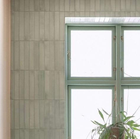 File Under Pop on Instagram: "Wall and bathtub tiled with 'Touch Of Green' clay tiles in format 5x30cm. ⁠ Window painted with 'Forest Spirit'. Walls painted with 'Cherry Blond'. Custom lava stone top with integrated sink glazed with 'Touch Of Green'. ⁠ ⁠ Are you looking for bathroom update or full renovation?⁠ ⁠ Book a meeting with our team via our website for personal guidance based on your specific space and interiors. We are happy to guide you in process of creating a personal bathroom space for your home or business.⁠ ⁠ Photography by @ceciliejegsen.⁠ ⁠ #fileunderpop⁠ #surfacedesign" Tile Window Sill, Tile Around Window, Tiled Window Sill, Personal Bathroom, Bathtub Tile, Instagram Wall, Integrated Sink, Business Photography, Forest Spirit