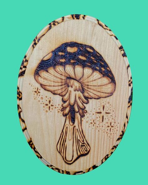 Wood Burn Mushroom, Wood Burning Mushroom Art, Painted Wood Burning Art, Cottage Core Wood Burning, Woodburn Mushroom, Wood Burning Stencil, Cottagecore Wood Burning, Woodburning Art Ideas, Pyrography Designs Free Printable