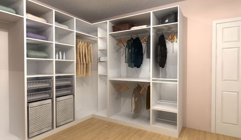 Three IKEA PAX Walk-In Closet Designs Under $4,000 Ikea Pax Walk In Closet Corner, Corner Wardrobe Pax Ikea, Ikea Pax Angled Ceiling, Ikea Pax Wardrobe Corner, Pax Walk In Closet, Closet Hamper, L Shape Walk In Robe, Walkin Closets Design, Ikea Pax System