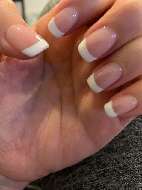 French Tip Gel Nails Squoval, White French Tip Gel Nails Short Square, French Gel Extension Nails, French Top Gel Nails, Short Squoval Acrylic Nails French Tip, French Gel Extensions, Squoval French Tip Acrylic Nails, French Tip Nails Gel Square, Thick Tip French Nails